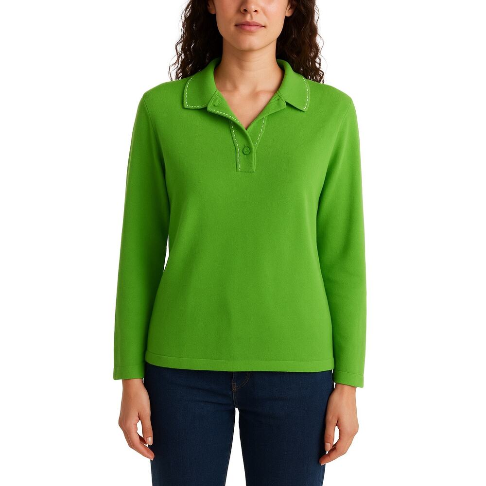 Liz‎ Claiborne Lime Green Cotton Nylon 1/4 Button Collared 3/4 Sleeve Sweater L